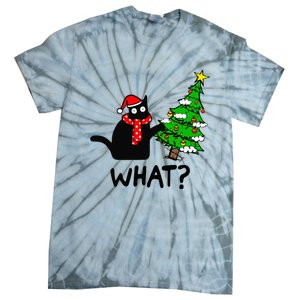 Cat What Christmas Tree Xmas Light Santa Hat Funny Black Cat Tie-Dye T-Shirt