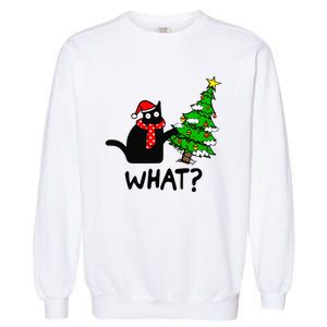 Cat What Christmas Tree Xmas Light Santa Hat Funny Black Cat Garment-Dyed Sweatshirt