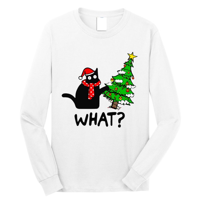 Cat What Christmas Tree Xmas Light Santa Hat Funny Black Cat Long Sleeve Shirt