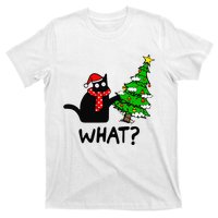 Cat What Christmas Tree Xmas Light Santa Hat Funny Black Cat T-Shirt