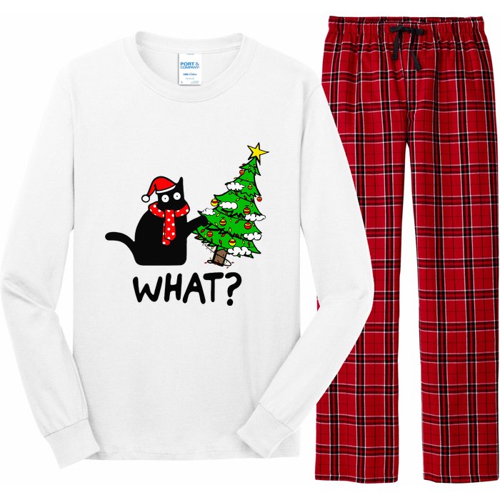 Cat What Christmas Tree Xmas Light Santa Hat Funny Black Cat Long Sleeve Pajama Set