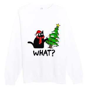 Cat What Christmas Tree Xmas Light Santa Hat Funny Black Cat Premium Crewneck Sweatshirt