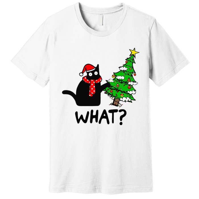 Cat What Christmas Tree Xmas Light Santa Hat Funny Black Cat Premium T-Shirt