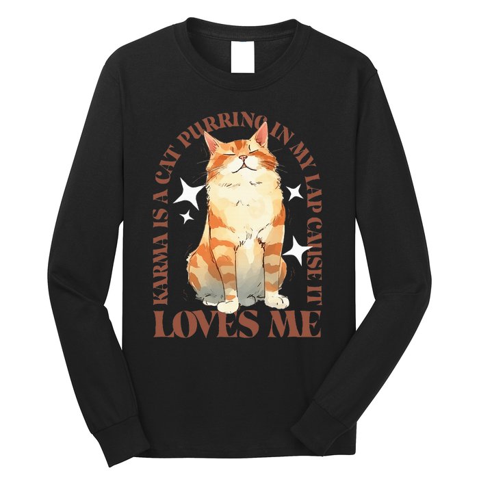 Cute Watercolor Cat Purring and Karma Lover Retro Art Style Long Sleeve Shirt