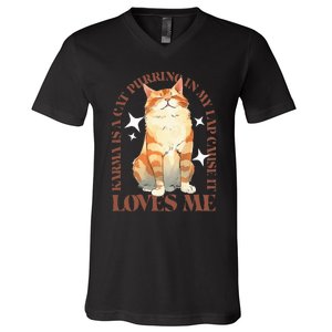 Cute Watercolor Cat Purring and Karma Lover Retro Art Style V-Neck T-Shirt