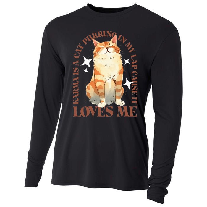 Cute Watercolor Cat Purring and Karma Lover Retro Art Style Cooling Performance Long Sleeve Crew