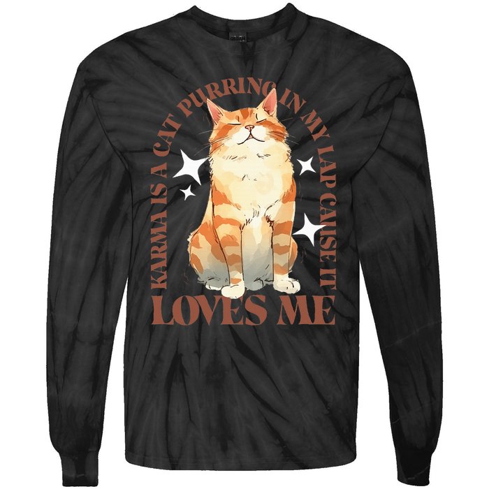 Cute Watercolor Cat Purring and Karma Lover Retro Art Style Tie-Dye Long Sleeve Shirt