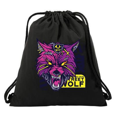 Cyberpunk Wolf Drawstring Bag