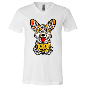 Cute Welsh Corgi Dog Mummy Pumpkin Halloween Spooky Season Gift V-Neck T-Shirt