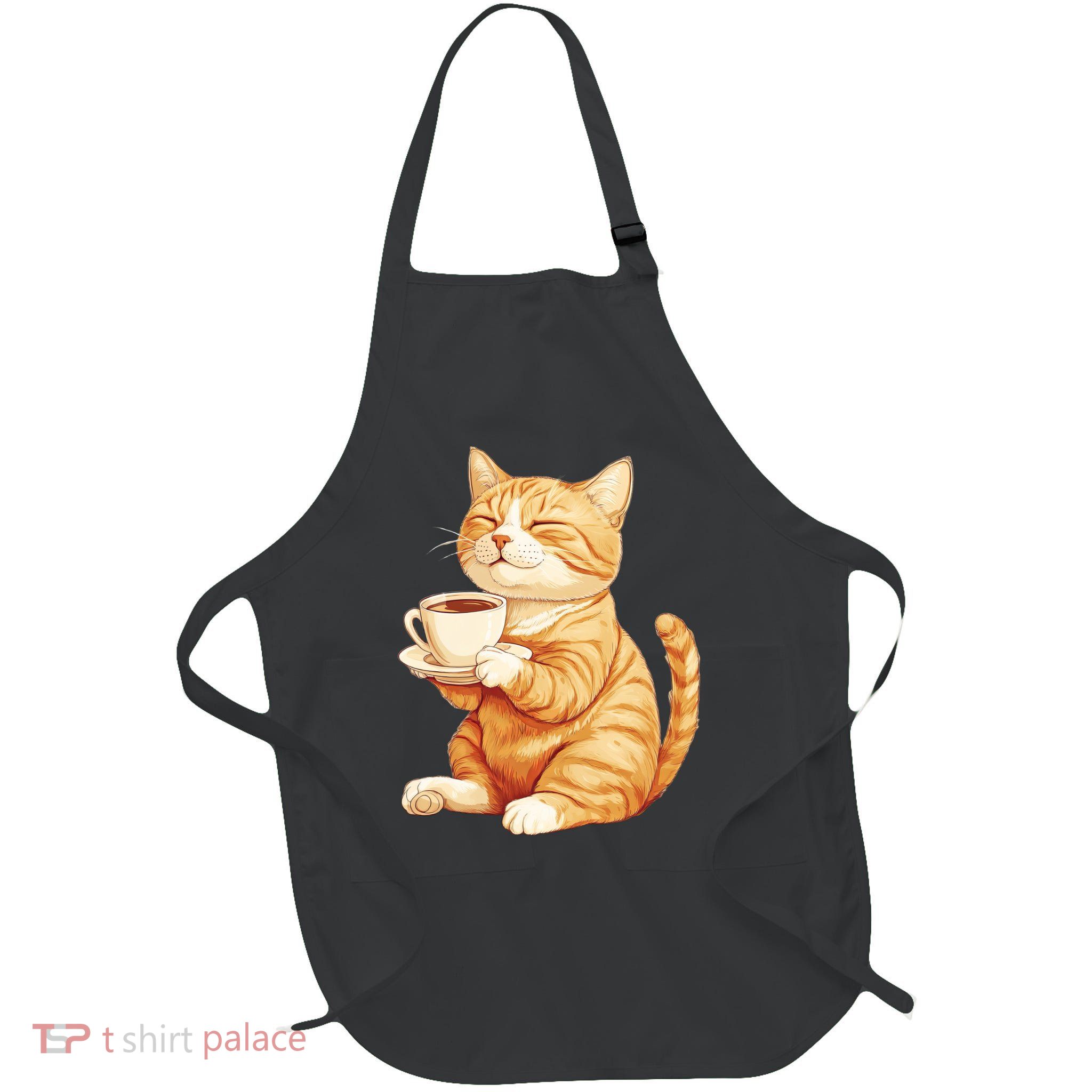 Cat With Coffee Cute Cat Lover  Full-Length Apron With Pockets