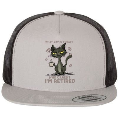 Cat What Day Is Today Who Cares I‘m Retired Flat Bill Trucker Hat