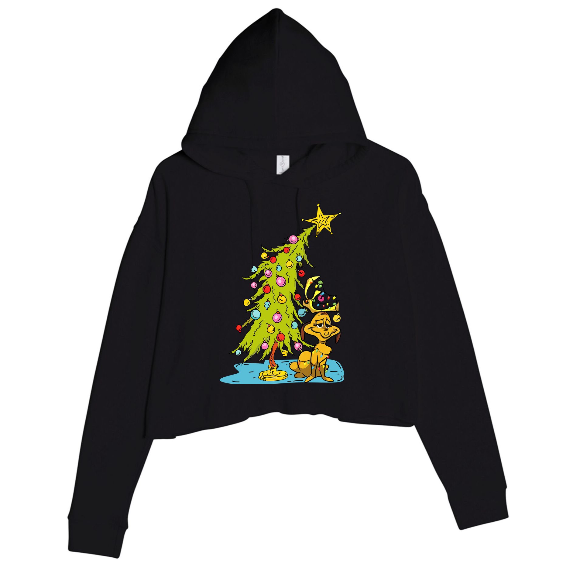 Christmas With Dog Max And Whoville Tree Dog Christmas Lights Crop Fleece Hoodie