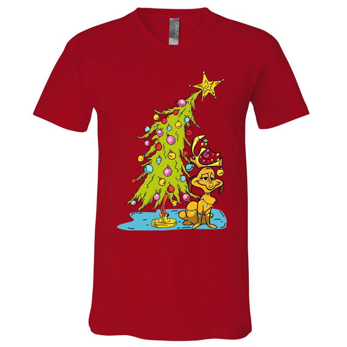 Christmas With Dog Max And Whoville Tree Dog Christmas Lights V-Neck T-Shirt