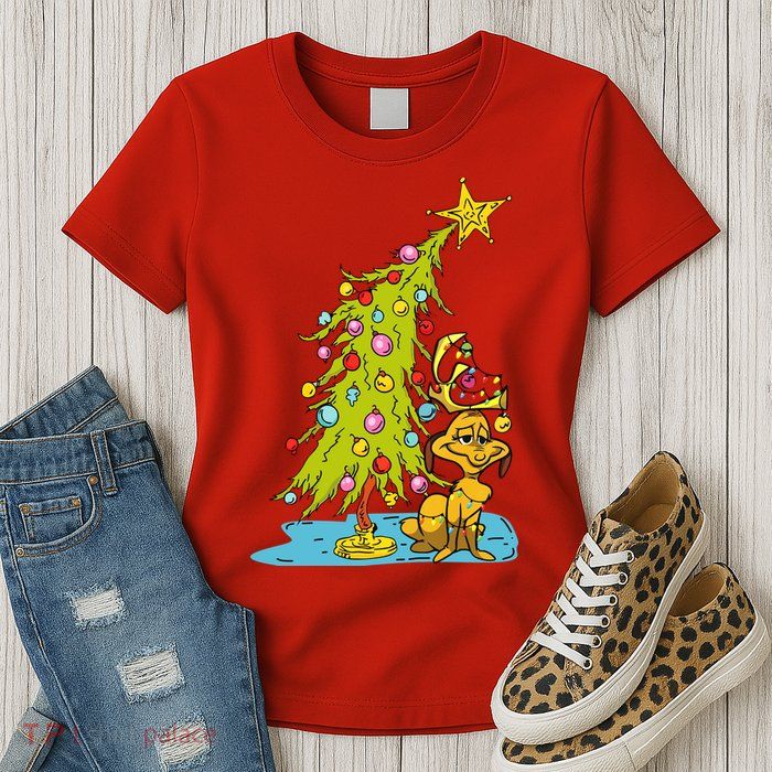Christmas With Dog Max And Whoville Tree Dog Christmas Lights Womens T-Shirt