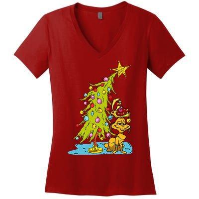Christmas With Dog Max And Whoville Tree Dog Christmas Lights Women's V-Neck T-Shirt