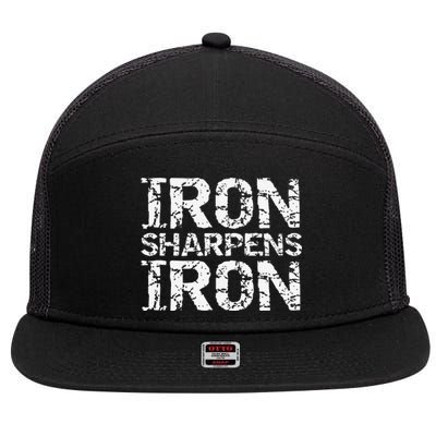 Christian Workout Discipleship Distressed Iron Sharpens Iron 7 Panel Mesh Trucker Snapback Hat