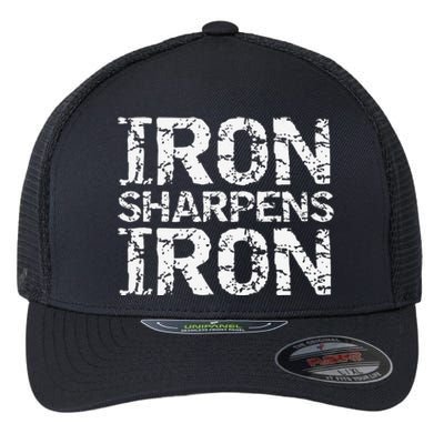 Christian Workout Discipleship Distressed Iron Sharpens Iron Flexfit Unipanel Trucker Cap