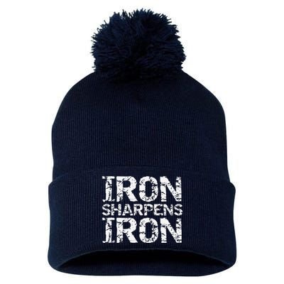 Christian Workout Discipleship Distressed Iron Sharpens Iron Pom Pom 12in Knit Beanie