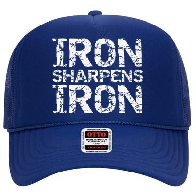 Christian Workout Discipleship Distressed Iron Sharpens Iron High Crown Mesh Back Trucker Hat