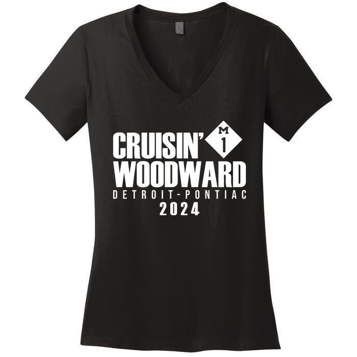 Cruisin Woodward Detroit To Pontiac 2024 M1 Ave Classic Car Cruise Women's V-Neck T-Shirt