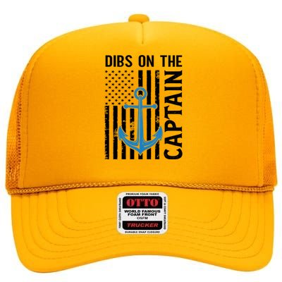 Captain Wife Dibs On The Captain Funny Fishing Usa Flag Gift High Crown Mesh Back Trucker Hat