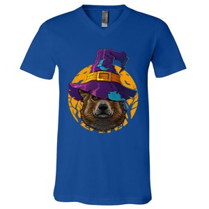 Corgi Witch Dog Funny Halloween Costume Creepy Moon Gift V-Neck T-Shirt