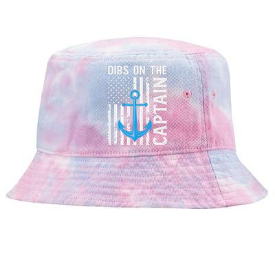 Captain Wife Dibs On The Captain Funny FIshing USA Flag Tie-Dyed Bucket Hat