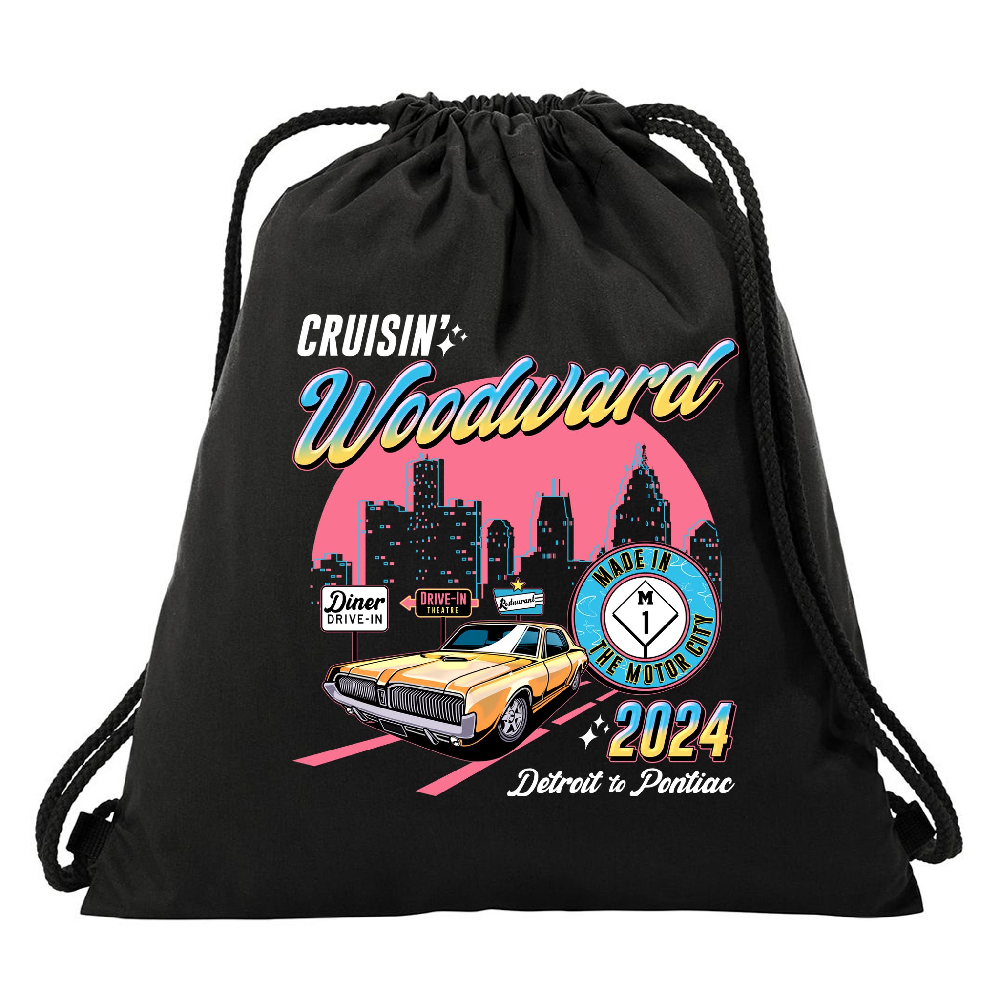 Cruisin Woodward Detroit To Pontiac 2024 Pink Version Drawstring Bag
