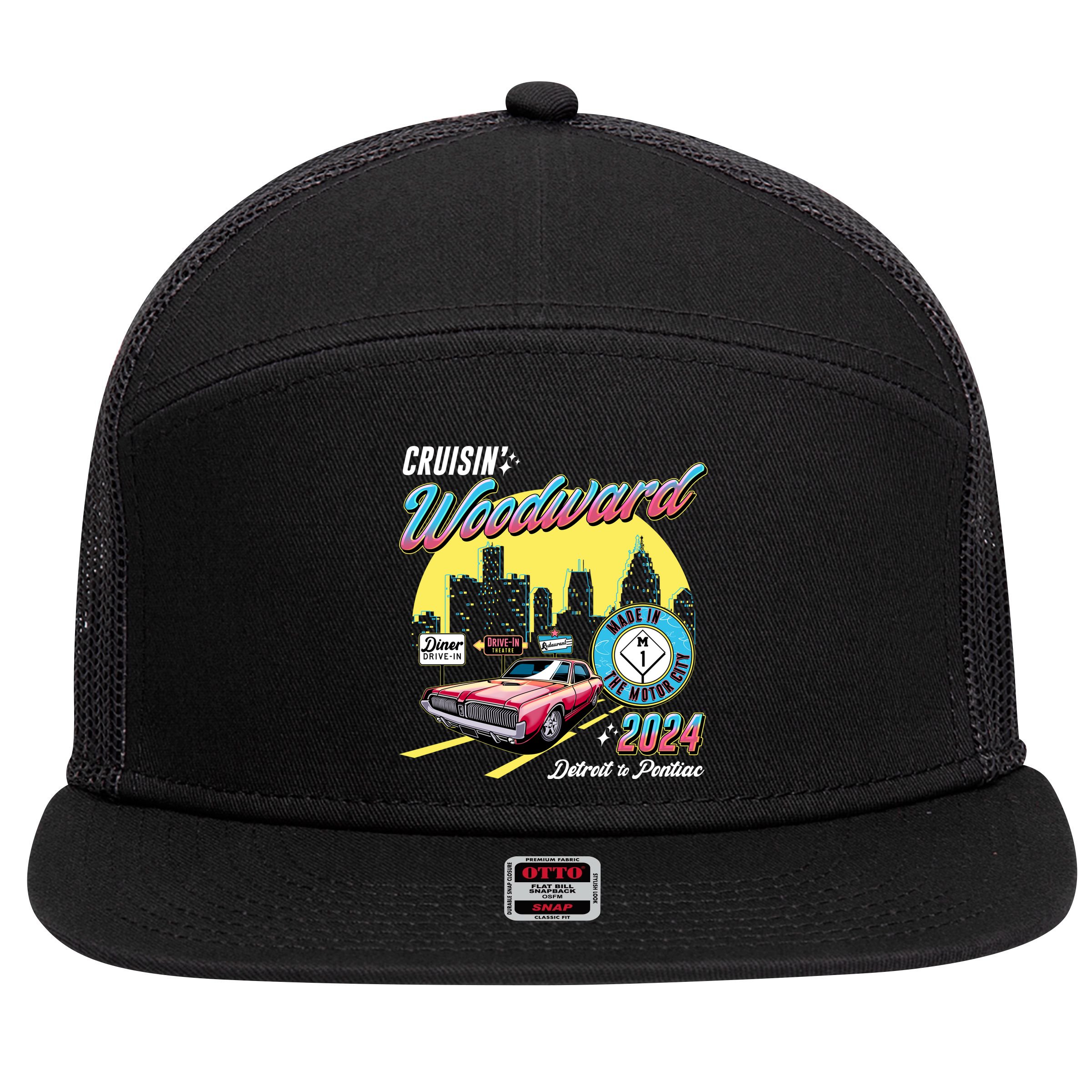 Cruisin Woodward Detroit To Pontiac 2024 Yellow Version 7 Panel Mesh Trucker Snapback Hat