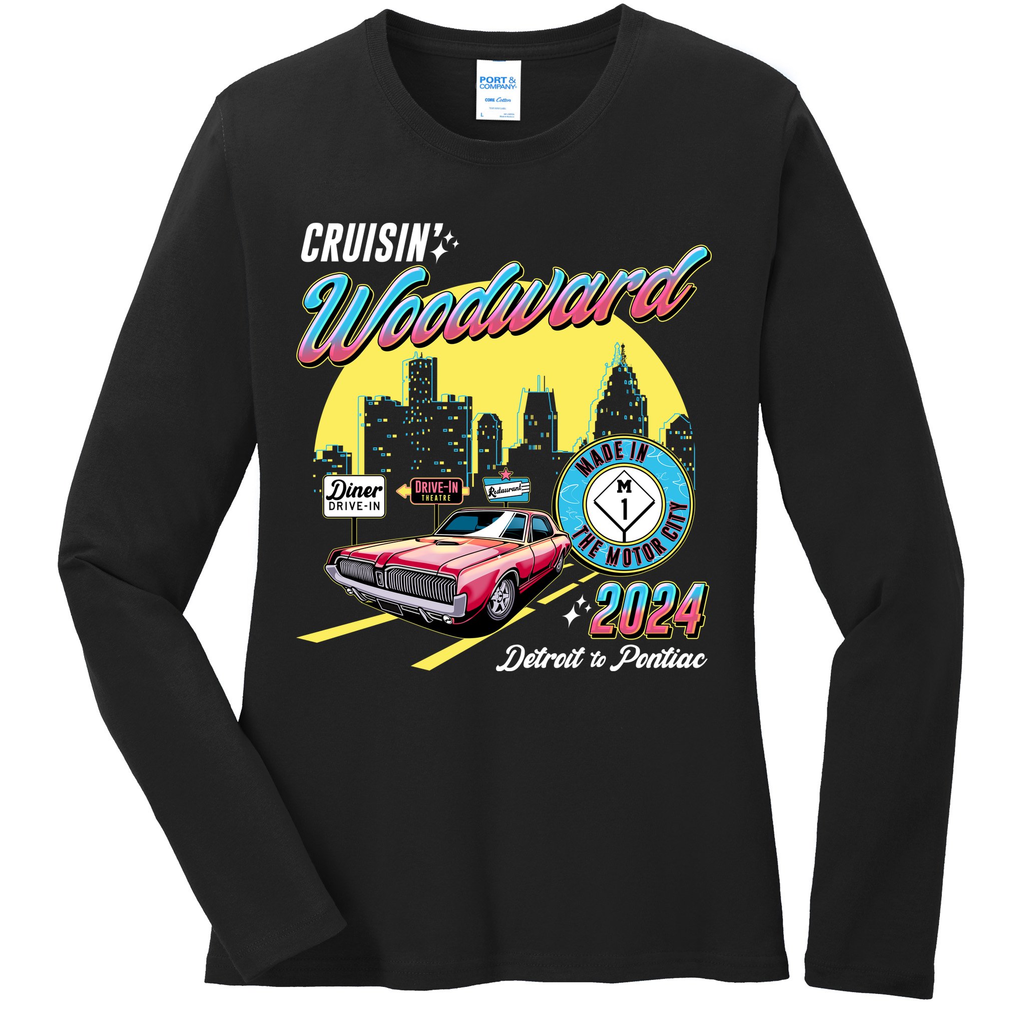 Cruisin Woodward Detroit To Pontiac 2024 Yellow Version Ladies Long Sleeve Shirt
