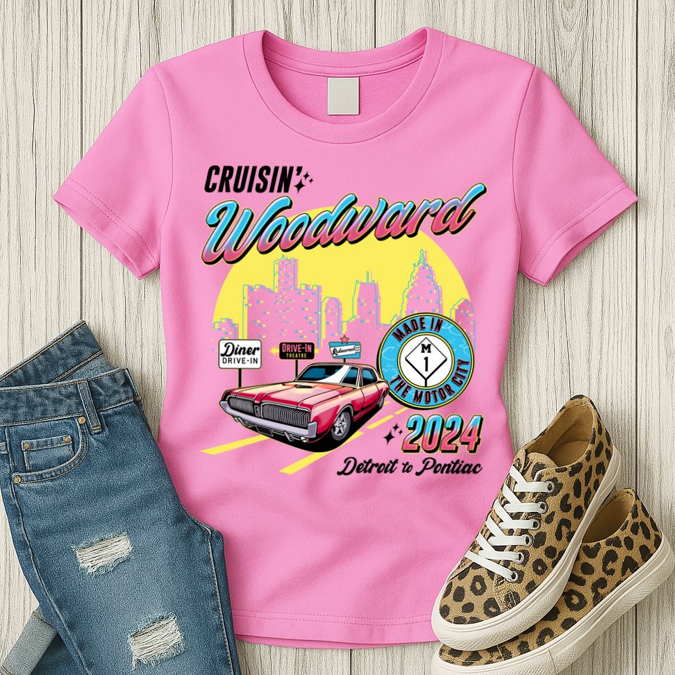 Cruisin Woodward Detroit To Pontiac 2024 Yellow Version Womens T-Shirt