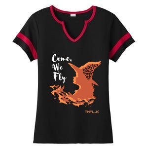 Come We Fly Witch Leopard Halloween Graphic Gift Ladies Halftime Notch Neck Tee