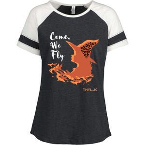 Come We Fly Witch Leopard Halloween Graphic Gift Enza Ladies Jersey Colorblock Tee