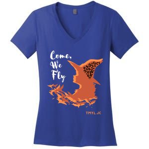 Come We Fly Witch Leopard Halloween Graphic Gift Women's V-Neck T-Shirt