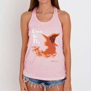 Come We Fly Witch Leopard Halloween Graphic Gift Women's Knotted Racerback Tank