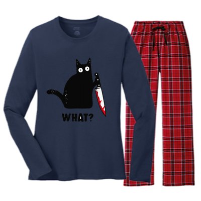 Cat What Funny Black Cat Murderous Cat With Knife Women's Long Sleeve Flannel Pajama Set 