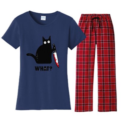 Cat What Funny Black Cat Murderous Cat With Knife Women's Flannel Pajama Set