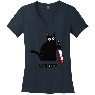 Cat What Funny Black Cat Murderous Cat With Knife Women's V-Neck T-Shirt