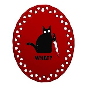 Cat What Funny Black Cat Murderous Cat With Knife Ceramic Oval Ornament