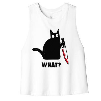 Cat What Funny Black Cat Murderous Cat With Knife Women's Racerback Cropped Tank