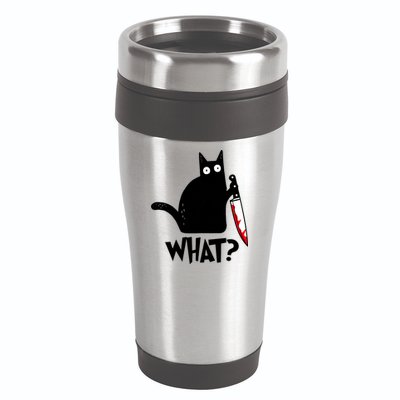 Cat What? Funny Black Cat Murderous Cat With Knife 16oz Travel Tumbler