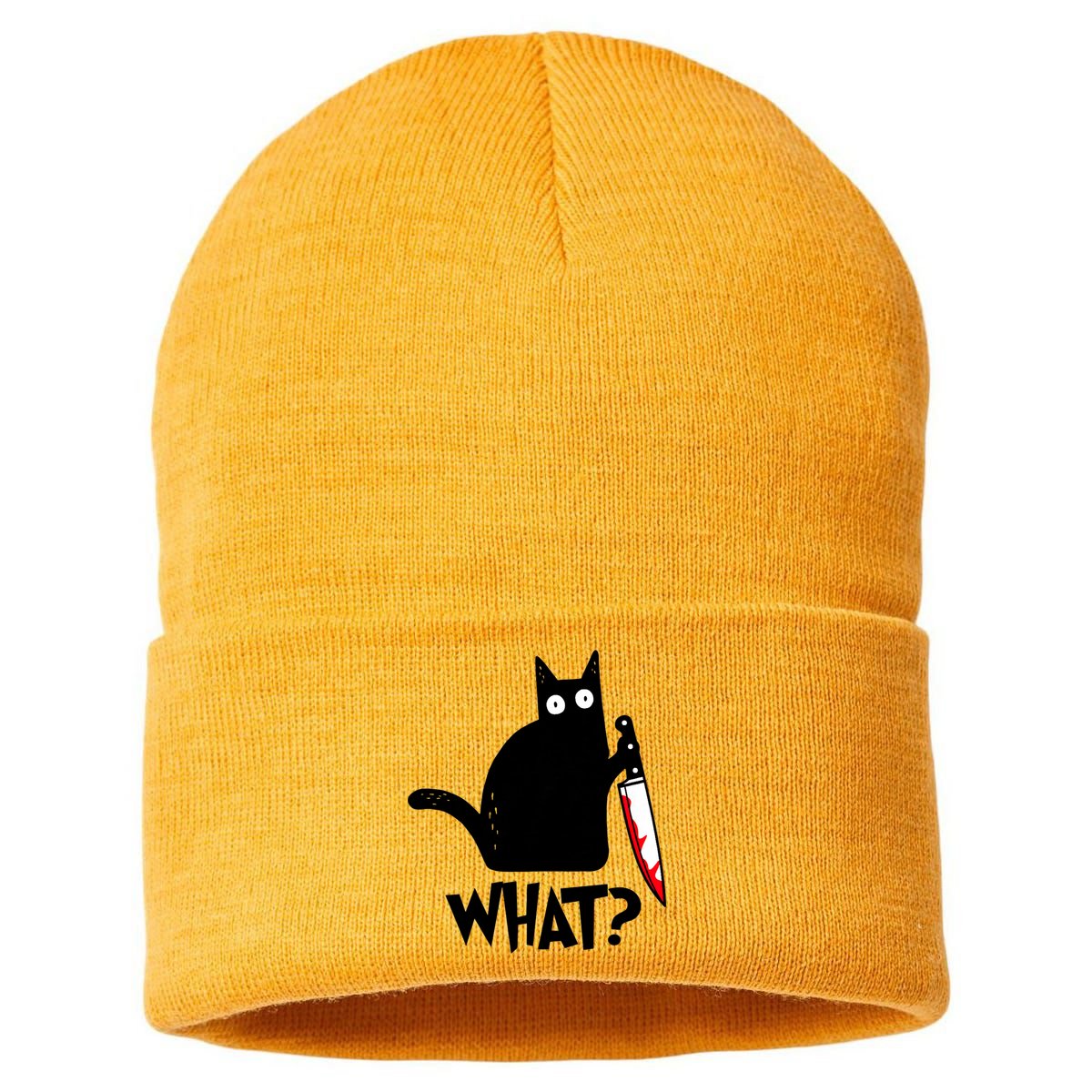 Cat What? Funny Black Cat Murderous Cat With Knife Sustainable Knit Beanie