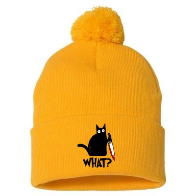 Cat What? Funny Black Cat Murderous Cat With Knife Pom Pom 12in Knit Beanie