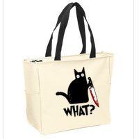 Cat What? Funny Black Cat Murderous Cat With Knife Zip Tote Bag