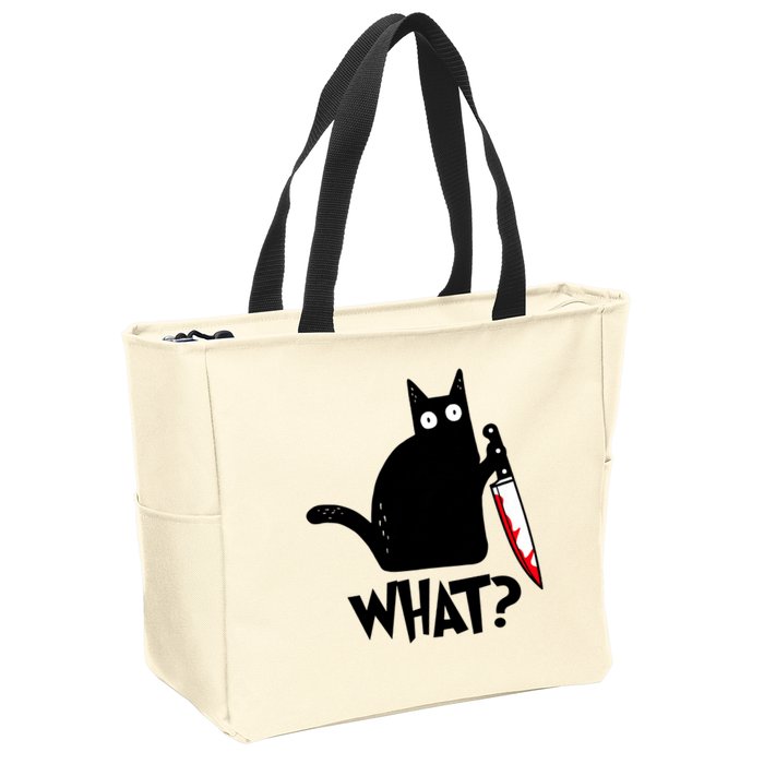 Cat What? Funny Black Cat Murderous Cat With Knife Zip Tote Bag