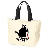 Cat What? Funny Black Cat Murderous Cat With Knife Zip Tote Bag