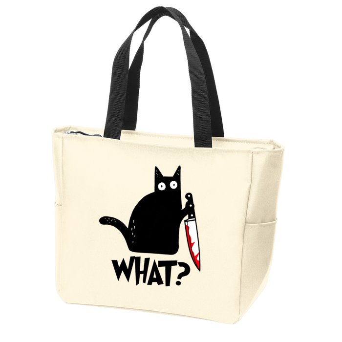 Cat What? Funny Black Cat Murderous Cat With Knife Zip Tote Bag
