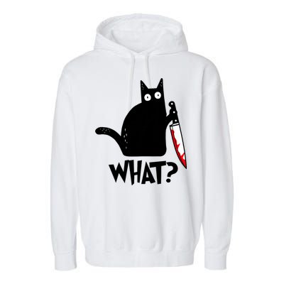 Cat What? Funny Black Cat Murderous Cat With Knife Garment-Dyed Fleece Hoodie