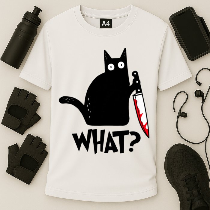 Cat What? Funny Black Cat Murderous Cat With Knife Performance Shirt