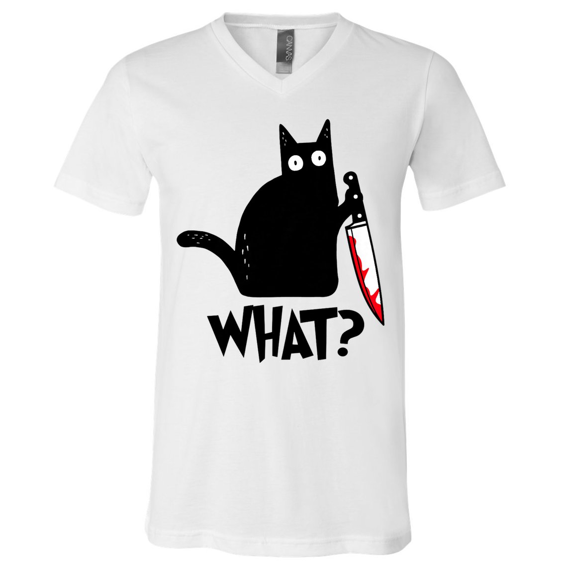 Cat What? Funny Black Cat Murderous Cat With Knife V-Neck T-Shirt